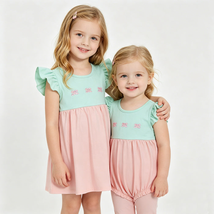 Toddler & Little Girls Mint Pink Bow Flutter Sleeve Dress & Romper Set for Sisters