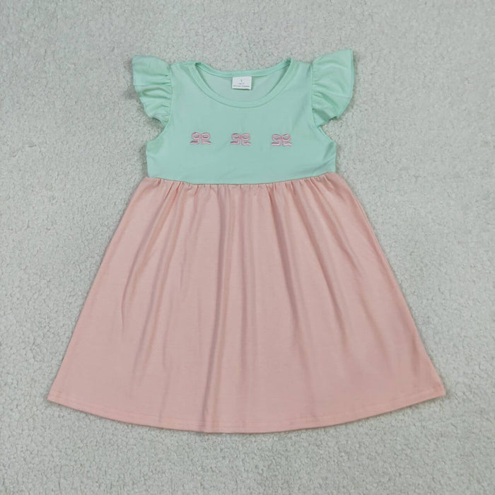 Toddler & Little Girls Mint Pink Bow Flutter Sleeve Dress & Romper Set for Sisters