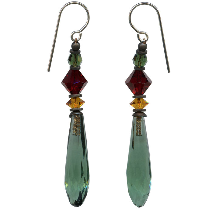 Owen Glass Collection "502" Tourmaline Green Prism Earrings with faceted gemstone design and silver hooks.