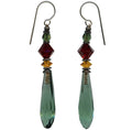 Owen Glass Collection "502" Tourmaline Green Prism Earrings with faceted gemstone design and silver hooks.