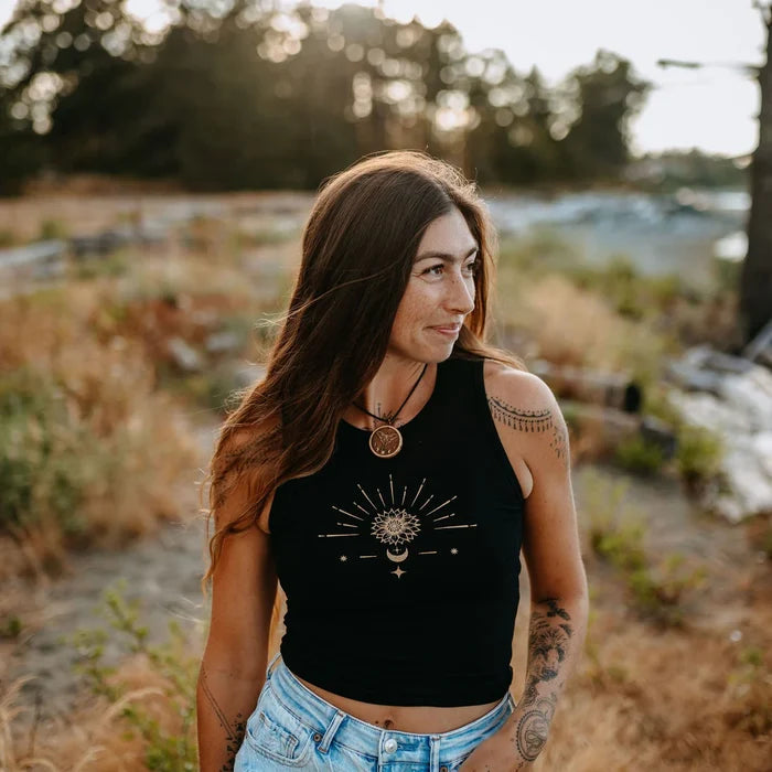 West Coast Karma-Celestial Sunflower Bamboo Stretch Crop Tank