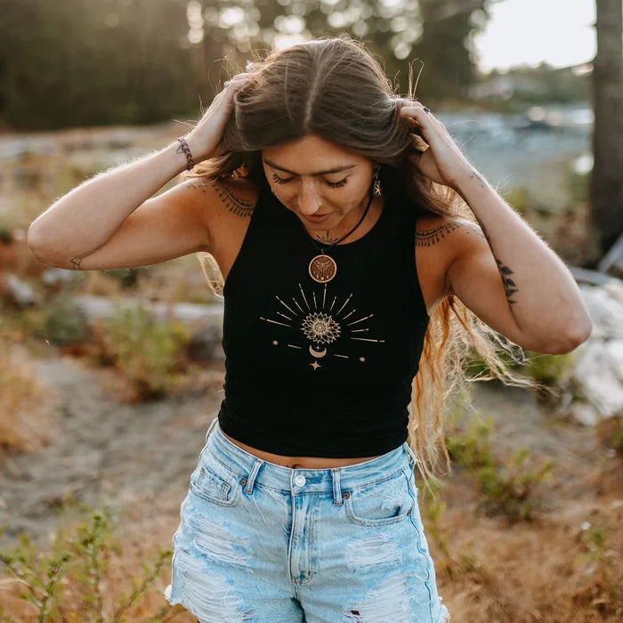 West Coast Karma-Celestial Sunflower Bamboo Stretch Crop Tank