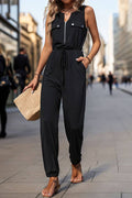 Zipper Down Drawstring Waist Sleeveless Jumpsuit